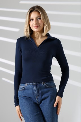 Düğmesiz Gömlek Yaka Uzun Kol Basic Kadın T-Shirt 21938 LACİVERT