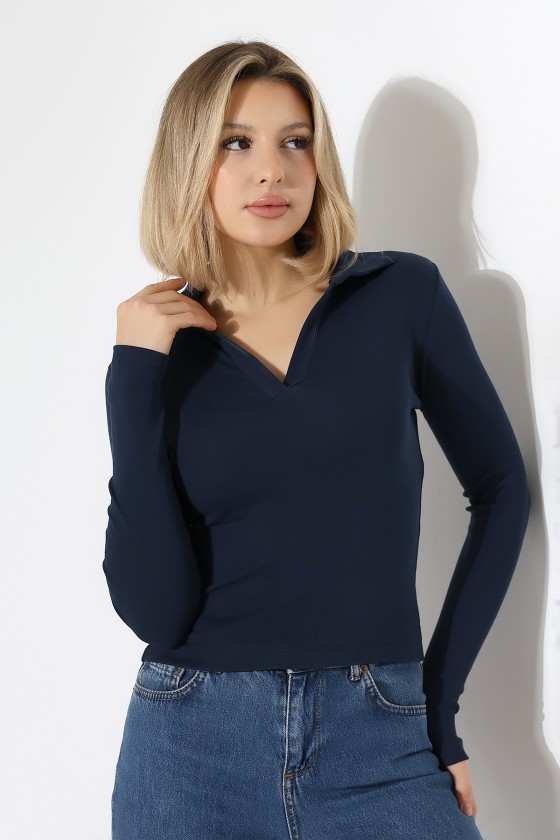 Düğmesiz Gömlek Yaka Uzun Kol Basic Kadın T-Shirt 21938 LACİVERT