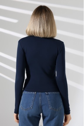 Düğmesiz Gömlek Yaka Uzun Kol Basic Kadın T-Shirt 21938 LACİVERT