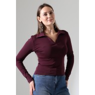 Düğmesiz Gömlek Yaka Uzun Kol Basic Kadın T-Shirt 21938 MÜRDÜM