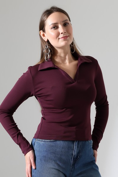 Düğmesiz Gömlek Yaka Uzun Kol Basic Kadın T-Shirt 21938 MÜRDÜM