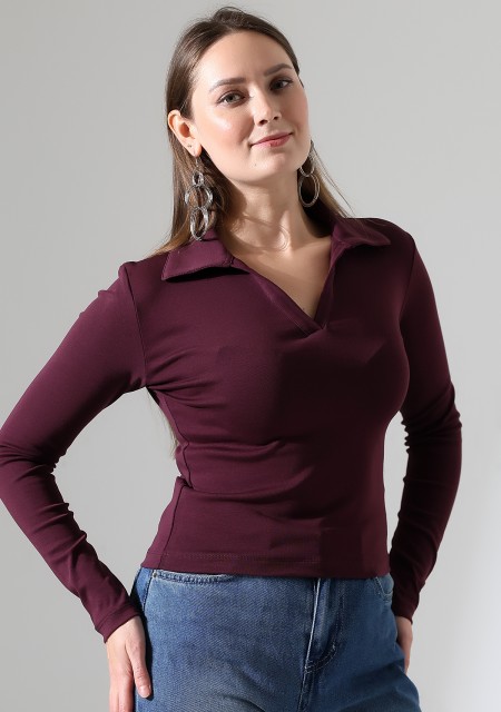 Düğmesiz Gömlek Yaka Uzun Kol Basic Kadın T-Shirt 21938 MÜRDÜM