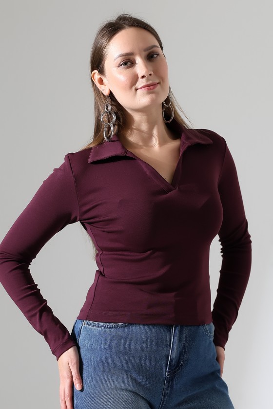 Düğmesiz Gömlek Yaka Uzun Kol Basic Kadın T-Shirt 21938 MÜRDÜM