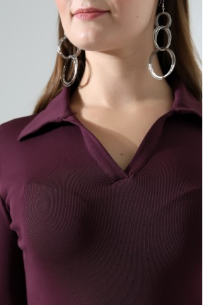 Düğmesiz Gömlek Yaka Uzun Kol Basic Kadın T-Shirt 21938 MÜRDÜM