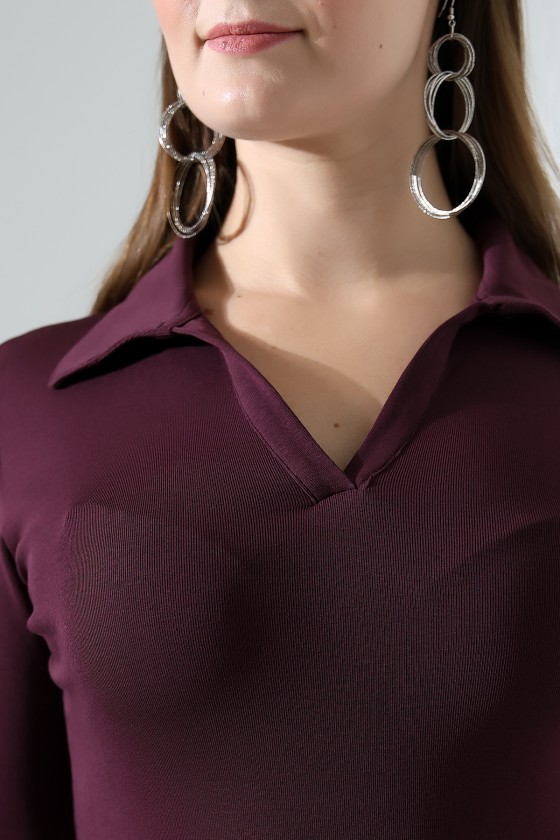 Düğmesiz Gömlek Yaka Uzun Kol Basic Kadın T-Shirt 21938 MÜRDÜM