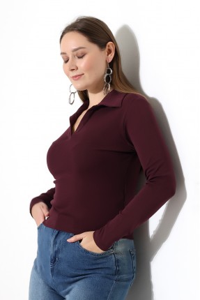 Düğmesiz Gömlek Yaka Uzun Kol Basic Kadın T-Shirt 21938 MÜRDÜM