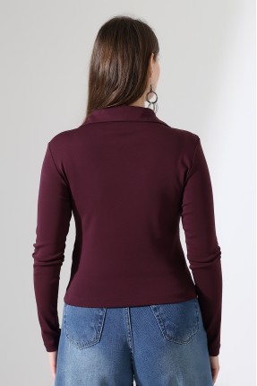 Düğmesiz Gömlek Yaka Uzun Kol Basic Kadın T-Shirt 21938 MÜRDÜM