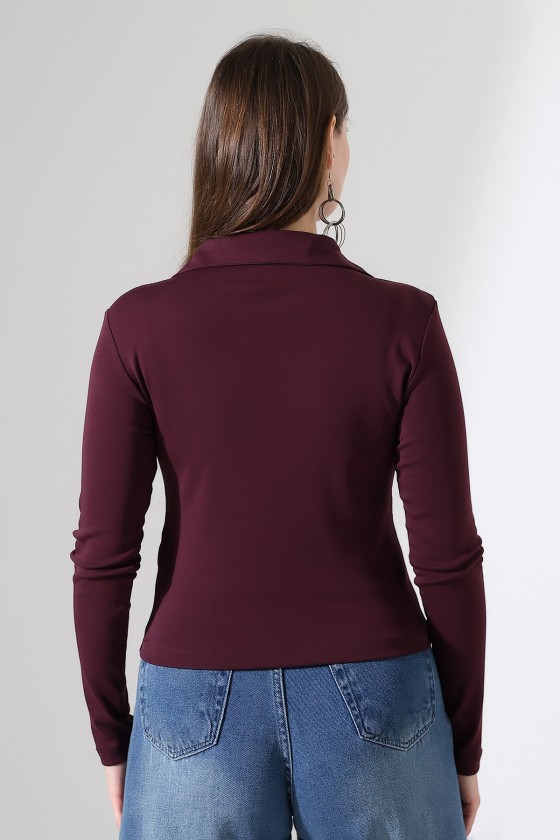 Düğmesiz Gömlek Yaka Uzun Kol Basic Kadın T-Shirt 21938 MÜRDÜM