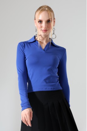 Düğmesiz Gömlek Yaka Uzun Kol Basic Kadın T-Shirt 21938 SAKS