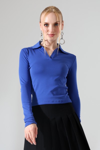 Düğmesiz Gömlek Yaka Uzun Kol Basic Kadın T-Shirt 21938 SAKS
