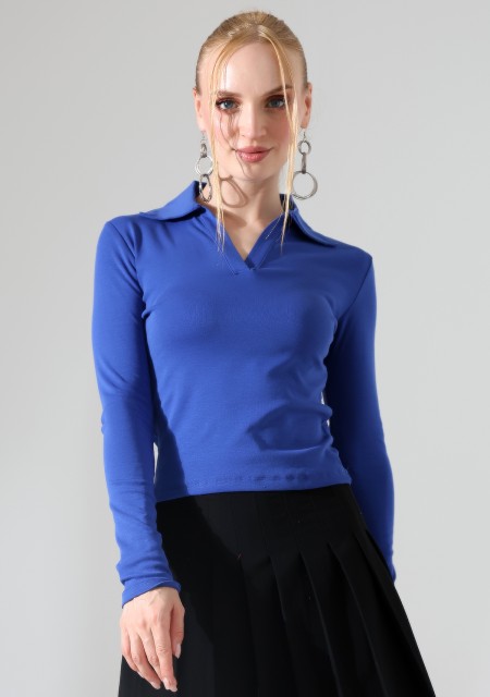 Düğmesiz Gömlek Yaka Uzun Kol Basic Kadın T-Shirt 21938 SAKS