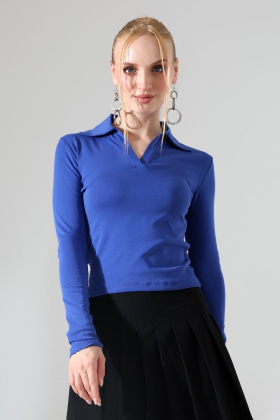 Düğmesiz Gömlek Yaka Uzun Kol Basic Kadın T-Shirt 21938 SAKS