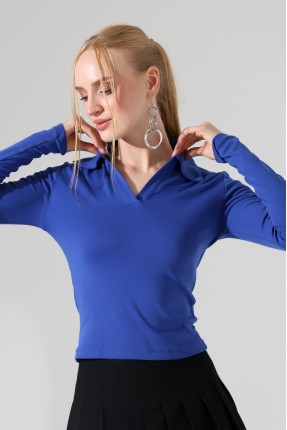 Düğmesiz Gömlek Yaka Uzun Kol Basic Kadın T-Shirt 21938 SAKS