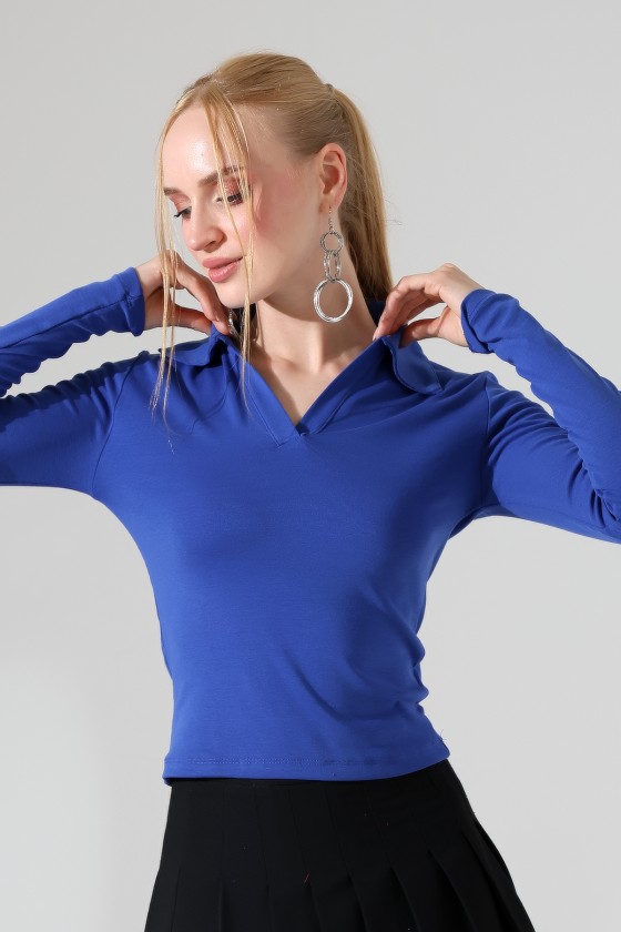 Düğmesiz Gömlek Yaka Uzun Kol Basic Kadın T-Shirt 21938 SAKS