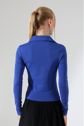 Düğmesiz Gömlek Yaka Uzun Kol Basic Kadın T-Shirt 21938 SAKS