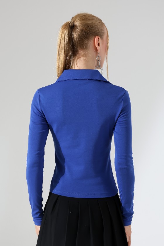 Düğmesiz Gömlek Yaka Uzun Kol Basic Kadın T-Shirt 21938 SAKS