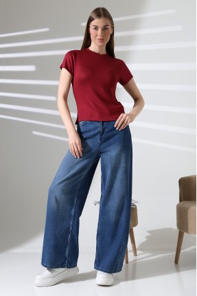 Düşük Kısa Kol Bisiklet Yakalı Basic Kadın T-Shirt 21972 BORDO