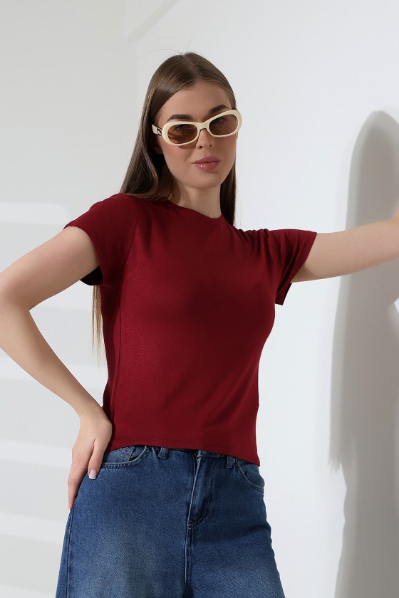 Düşük Kısa Kol Bisiklet Yakalı Basic Kadın T-Shirt 21972 BORDO