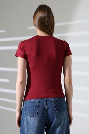 Düşük Kısa Kol Bisiklet Yakalı Basic Kadın T-Shirt 21972 BORDO