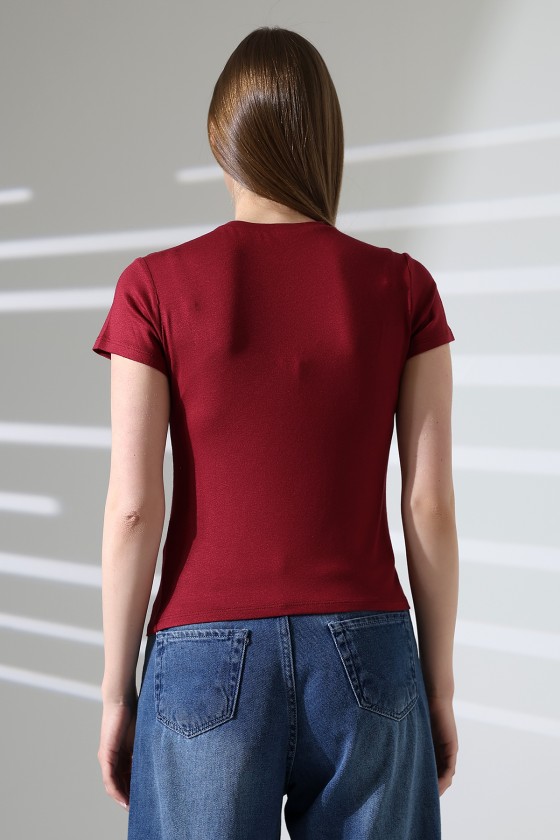 Düşük Kısa Kol Bisiklet Yakalı Basic Kadın T-Shirt 21972 BORDO