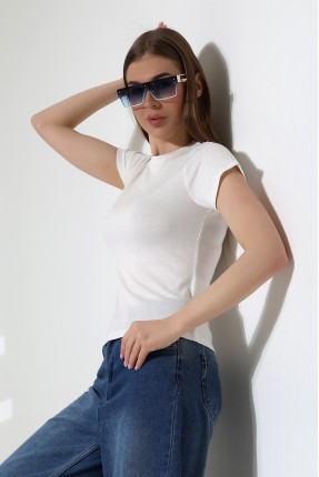 Düşük Kısa Kol Bisiklet Yakalı Basic Kadın T-Shirt 21972 EKRU
