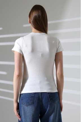 Düşük Kısa Kol Bisiklet Yakalı Basic Kadın T-Shirt 21972 EKRU