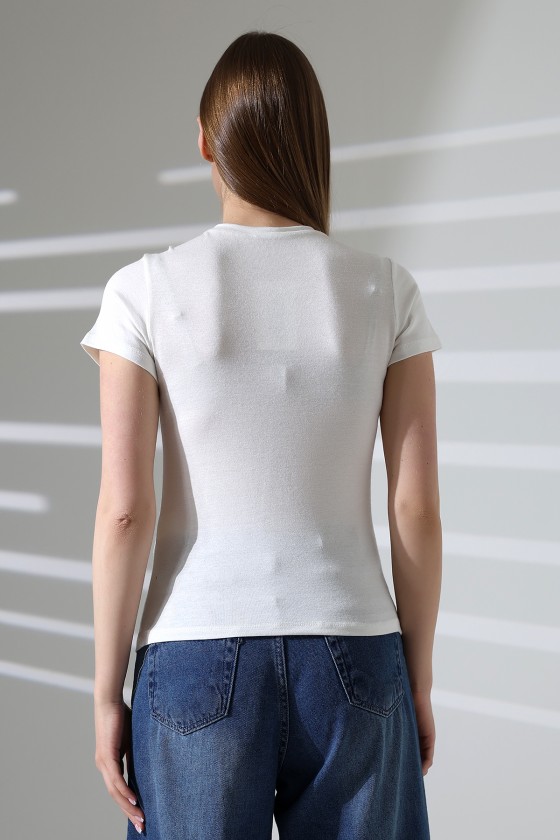 Düşük Kısa Kol Bisiklet Yakalı Basic Kadın T-Shirt 21972 EKRU