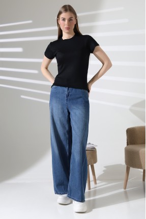 Düşük Kısa Kol Bisiklet Yakalı Basic Kadın T-Shirt 21972 SİYAH