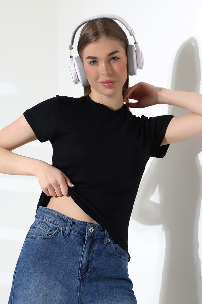 Düşük Kısa Kol Bisiklet Yakalı Basic Kadın T-Shirt 21972 SİYAH