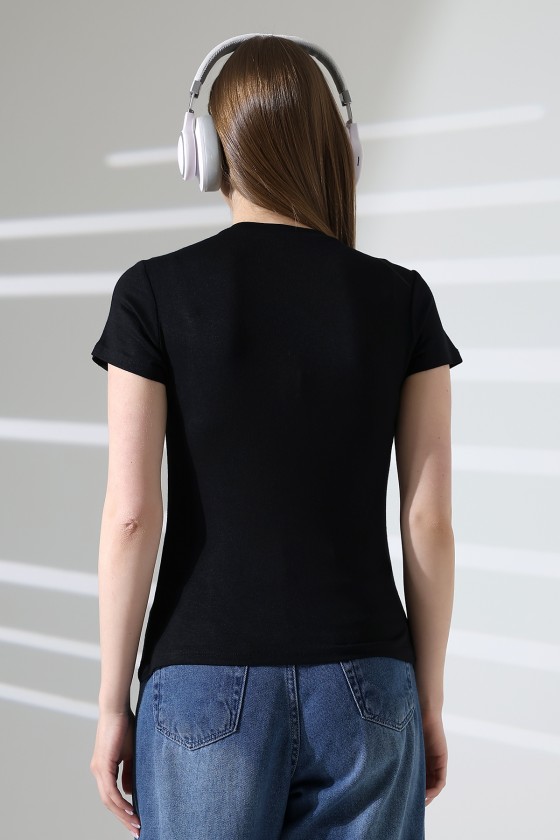Düşük Kısa Kol Bisiklet Yakalı Basic Kadın T-Shirt 21972 SİYAH