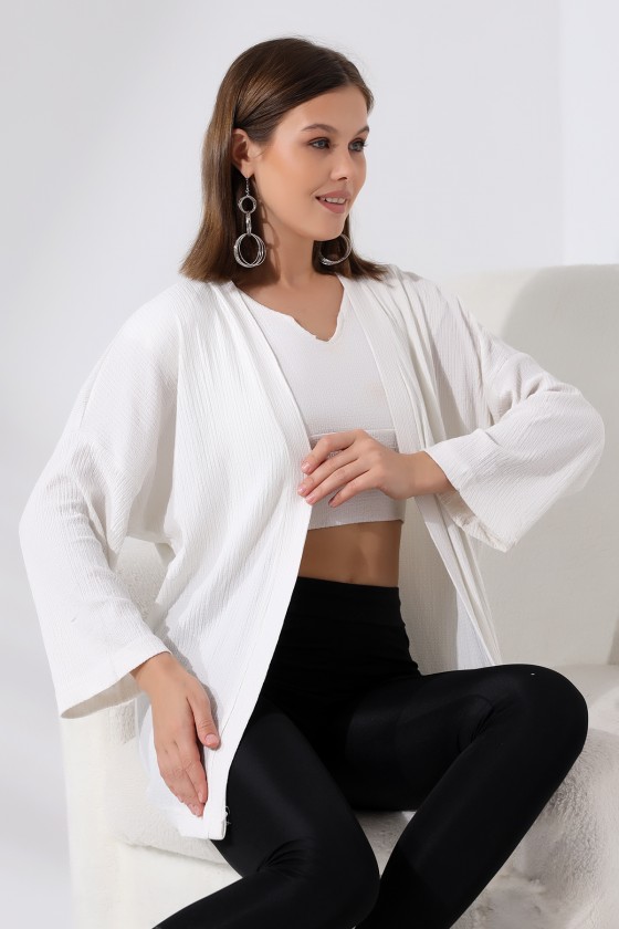 Bürümcük Kumaş Kimono Hırka 21062 EKRU