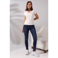 Pamuklu Penye Kompakt Likralı V Yaka Kısa Kol Basic T-Shirt 21043 EKRU