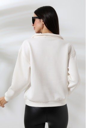 Şardonlu Baskılı Polo Yaka Oversize Sweatshirt 21624 EKRU