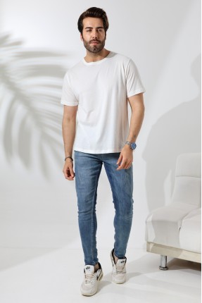 Erkek %100 Pamuklu Penye Kompakt Bisiklet Yaka Comfort Fit Basic T-Shirt 21751 EKRU