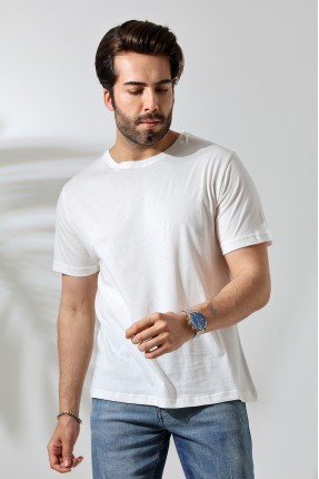 Erkek %100 Pamuklu Penye Kompakt Bisiklet Yaka Comfort Fit Basic T-Shirt 21751 EKRU