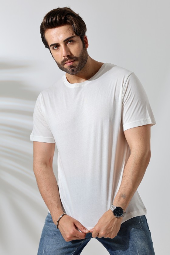 Erkek %100 Pamuklu Penye Kompakt Bisiklet Yaka Comfort Fit Basic T-Shirt 21751 EKRU