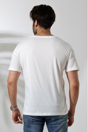 Erkek %100 Pamuklu Penye Kompakt Bisiklet Yaka Comfort Fit Basic T-Shirt 21751 EKRU