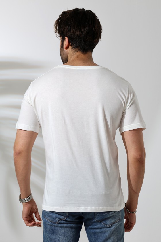 Erkek %100 Pamuklu Penye Kompakt Bisiklet Yaka Comfort Fit Basic T-Shirt 21751 EKRU