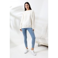 Şardonlu Bisiklet Yaka Oversize Sweatshirt 21620 EKRU