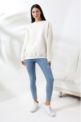 Şardonlu Bisiklet Yaka Oversize Sweatshirt 21620 EKRU