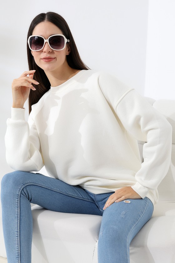 Şardonlu Bisiklet Yaka Oversize Sweatshirt 21620 EKRU