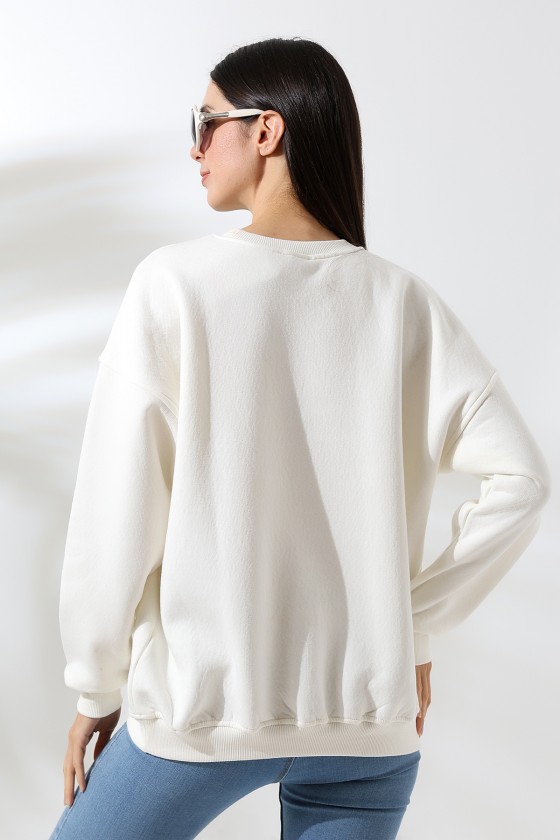 Şardonlu Bisiklet Yaka Oversize Sweatshirt 21620 EKRU