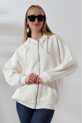 Şardonlu Fermuarlı Kapüşonlu Oversize Sweatshirt 21618 EKRU