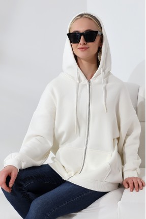 Şardonlu Fermuarlı Kapüşonlu Oversize Sweatshirt 21618 EKRU