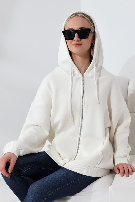 Şardonlu Fermuarlı Kapüşonlu Oversize Sweatshirt 21618 EKRU