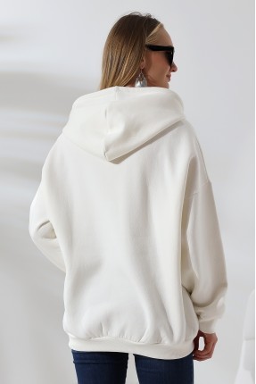 Şardonlu Fermuarlı Kapüşonlu Oversize Sweatshirt 21618 EKRU