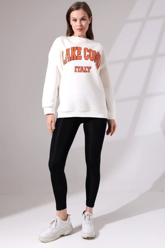 Şardonlu Baskılı Oversize Sweatshirt 21617 EKRU