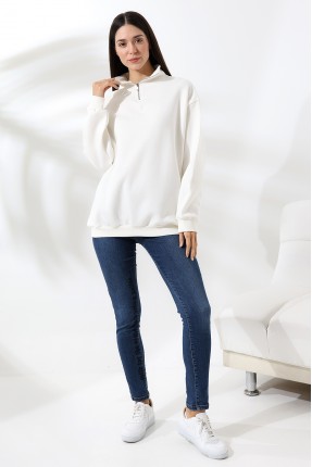 Şardonlu Yarım Fermuarlı Oversize Sweatshirt 21622 EKRU