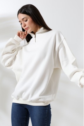 Şardonlu Yarım Fermuarlı Oversize Sweatshirt 21622 EKRU