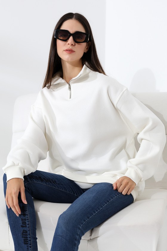 Şardonlu Yarım Fermuarlı Oversize Sweatshirt 21622 EKRU